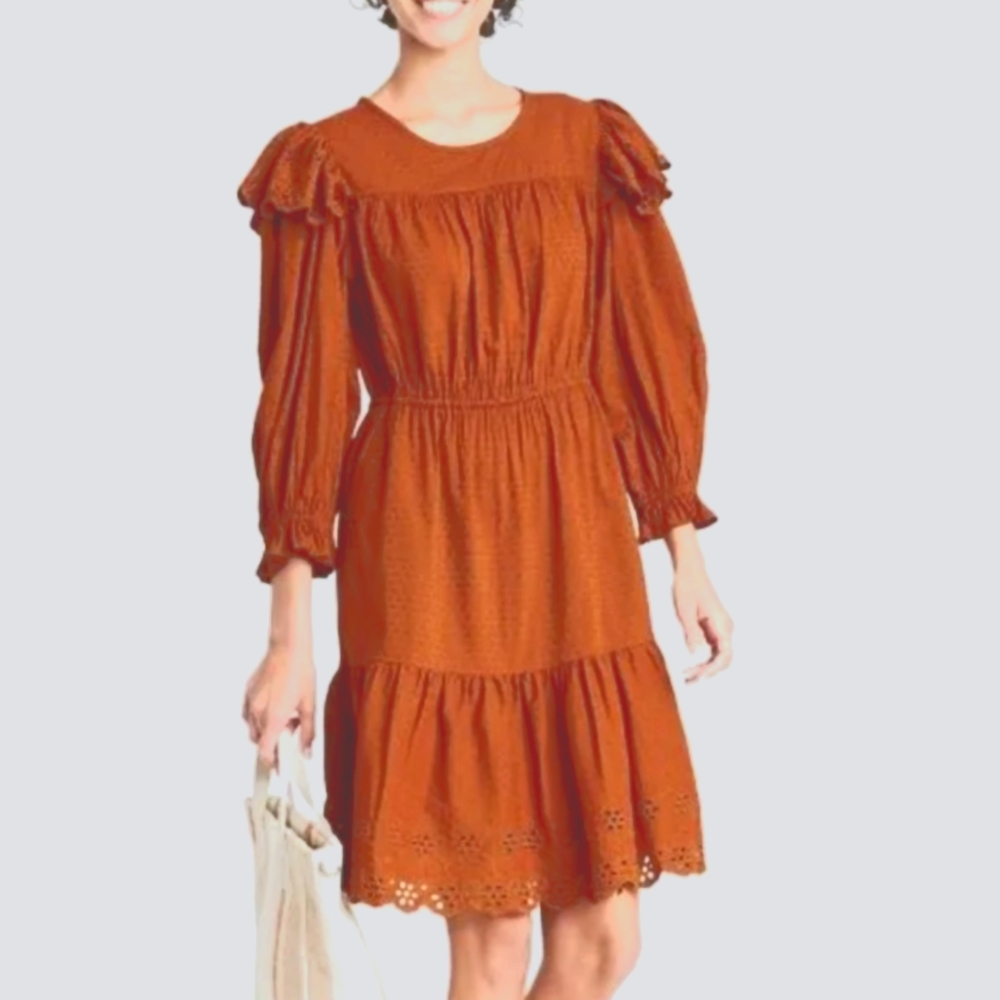 Rust embroidered floral prairie cottage eyelet orange 70s boho puff sleeve dress